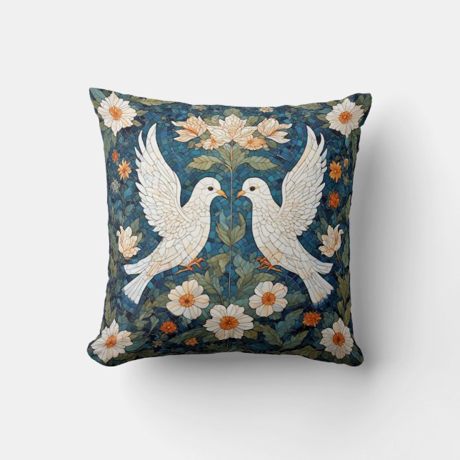 Two White Doves Amidst a Floral Pattern Throw Pillow (Front)