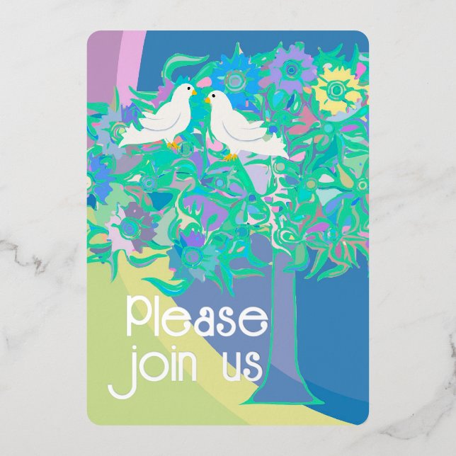 Two White Doves Art Deco Style Foil Invitation (Front)
