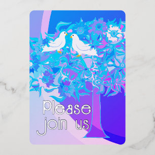 Two White Doves Art Deco Style Foil Invitation