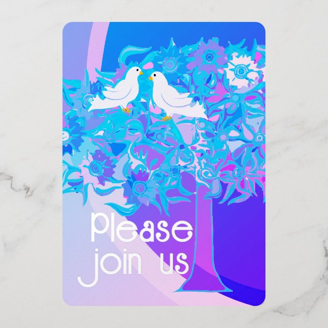 Two White Doves Art Deco Style Foil Invitation (Front)