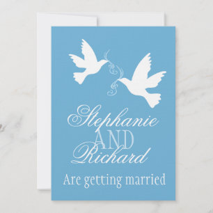Two white doves blue ribbon formal wedding invite