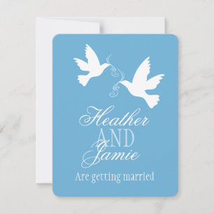 Two white doves blue ribbon formal wedding invite