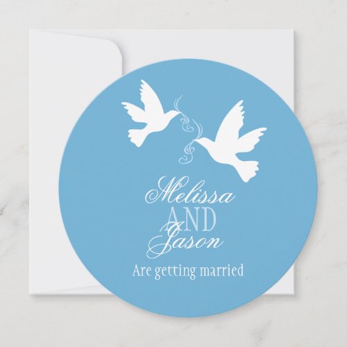Two white doves blue ribbon round wedding invite