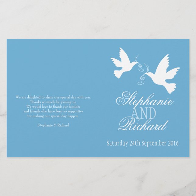 Two white doves blue ribbon Wedding Programme