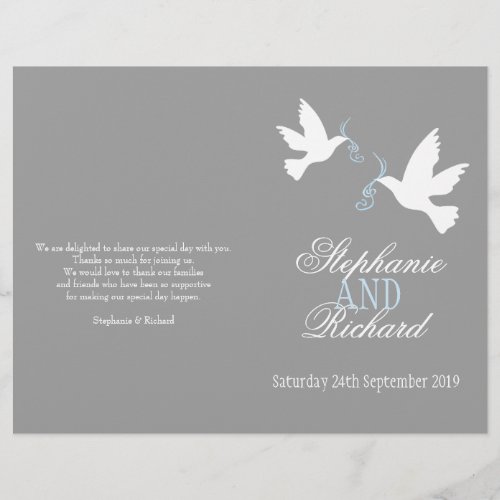 Two white doves grey blue ribbon Wedding Programme