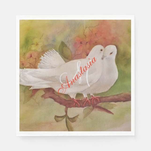 TWO WHITE DOVES MONOGRAM PARTY PAPER NAPKINS (Front)
