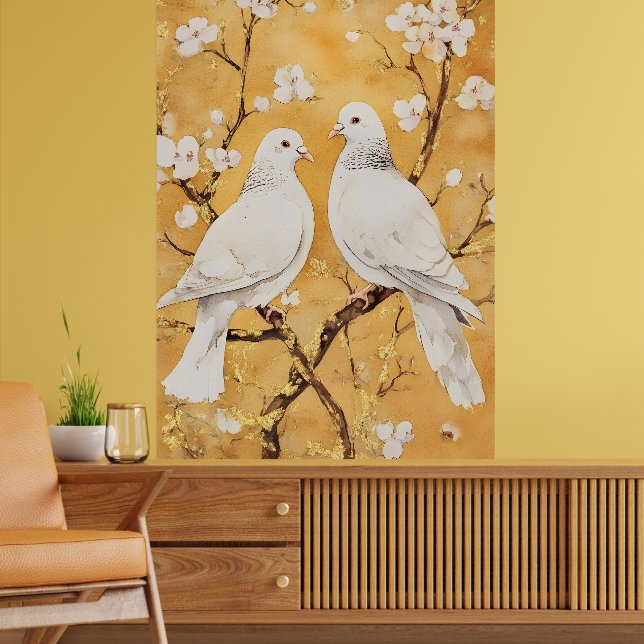  two white doves perched on a branch poster (Living Room 2)