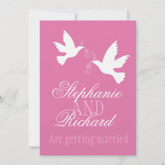 Two white doves pink ribbon formal wedding invite
