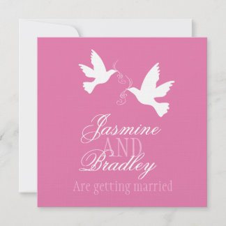 Two white doves pink ribbon square wedding invite