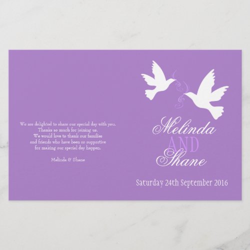 Two white doves purple ribbon wedding programme