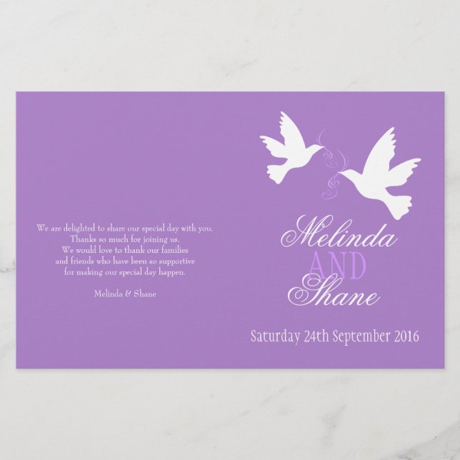 Two white doves purple ribbon wedding programme (Front)