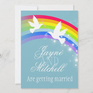 Two white doves rainbow wedding blue grey invite