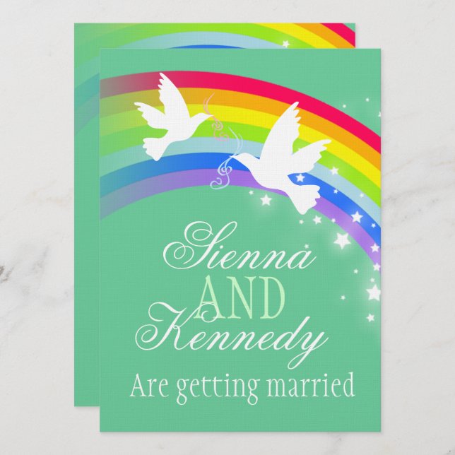 Two white doves rainbow wedding green color invite (Front/Back)