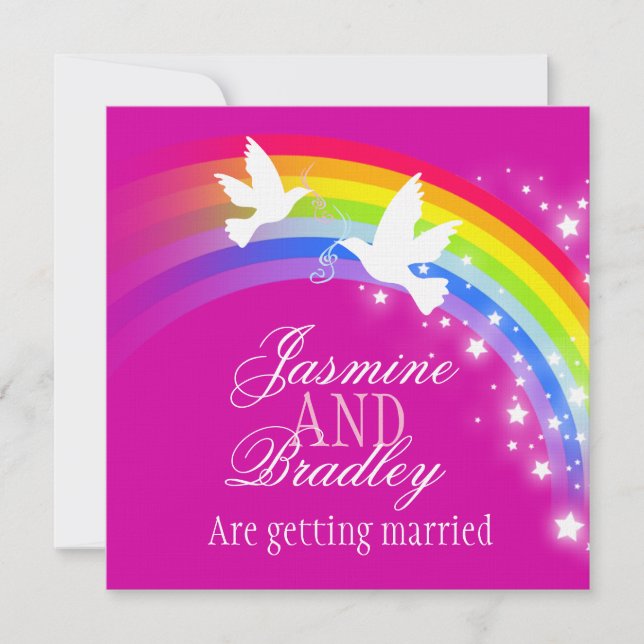 Two white doves rainbow wedding square invite (Front)