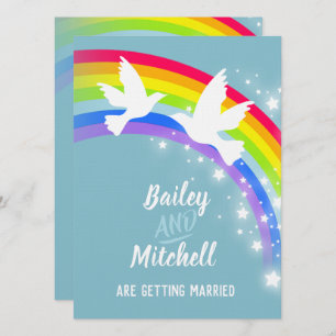 Two white doves rainbow wedding teal invites