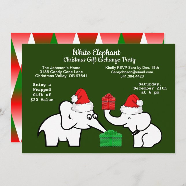 Two White Elephant Christmas Diamond Pattern Invitation (Front/Back)