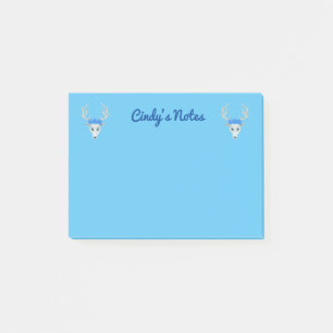 Two White Fantasy Deer Heads Wearing Roses on Blue Post-it Notes