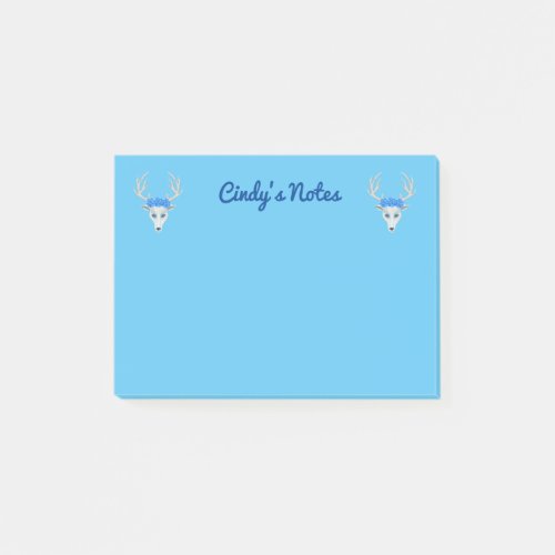 Two White Fantasy Deer Heads Wearing Roses on Blue Post_it Notes