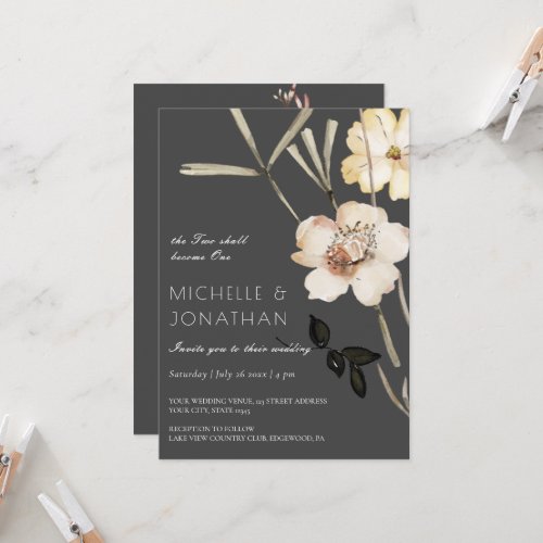 Two White Flowers on Grey Modern Christian Wedding Invitation
