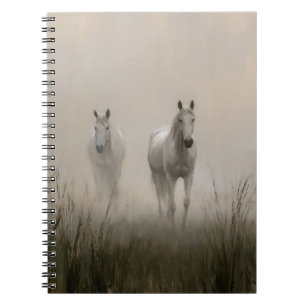 Two White Horses in a Misty Meadow Painting Notebook