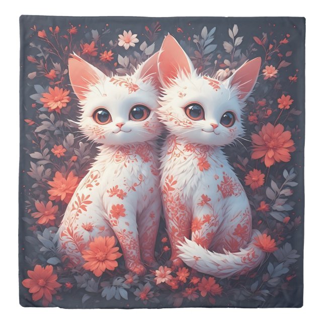 Two White Kittens and flowers Duvet Cover (Front)