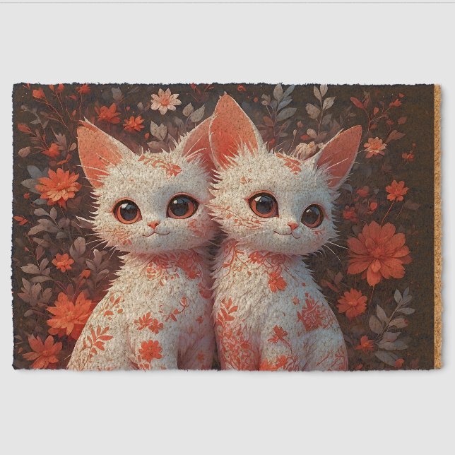 Two White Kittens and flowers Fiber Doormat (Front)