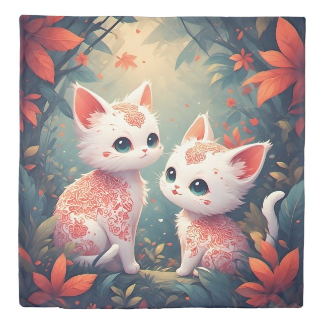 Two White Kittens in a Magical Forest Duvet Cover (Front)