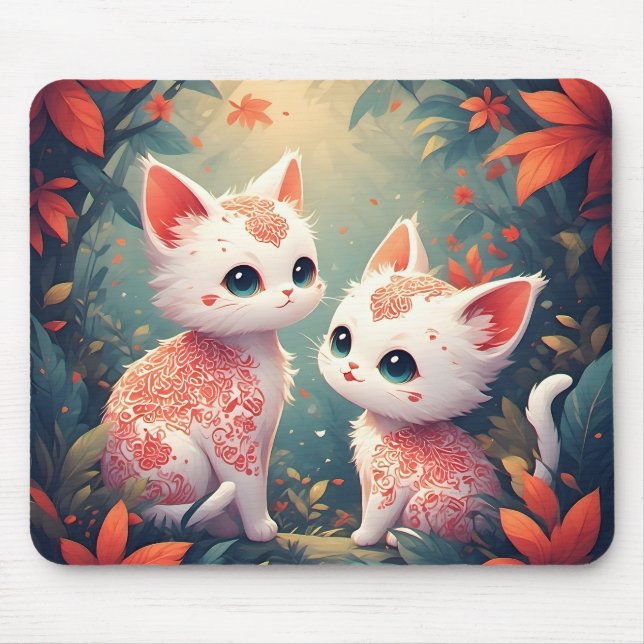 Two White Kittens in a Magical Forest Mouse Pad (Front)