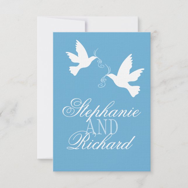 Two white love birds blue formal wedding RSVP (Front)