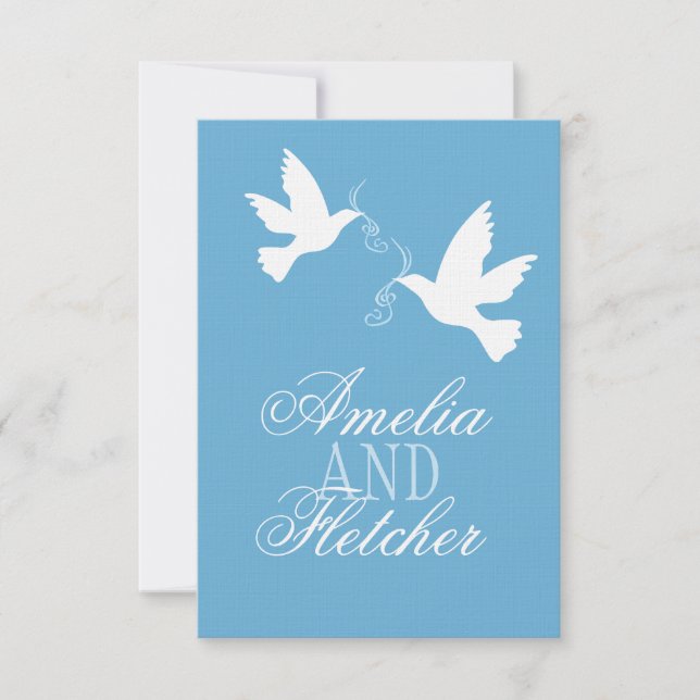 Two white love birds blue formal wedding RSVP (Front)