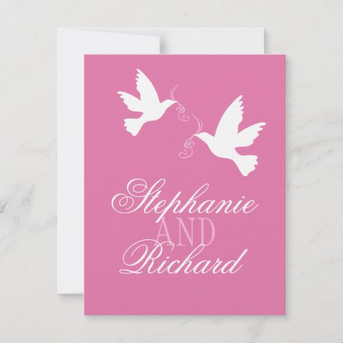 Two white love birds pink formal wedding RSVP