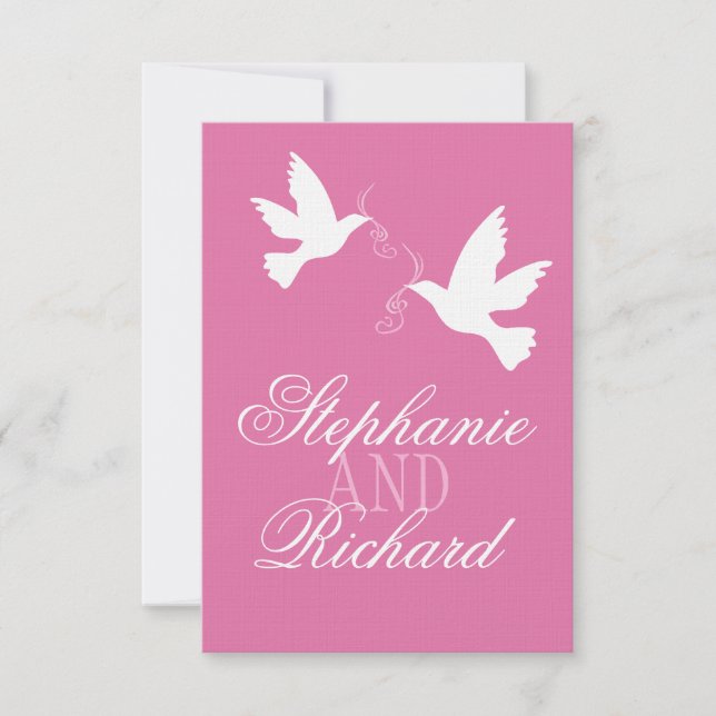 Two white love birds pink formal wedding RSVP (Front)