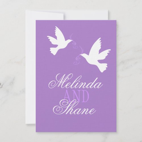 Two white love birds purple formal wedding RSVP Invitation