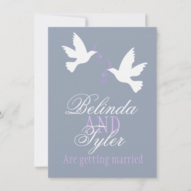 Two white love birds purple grey wedding invite (Front)