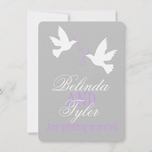 Two white love birds purple grey wedding invite