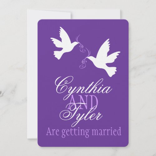 Two white love birds purple wedding invite