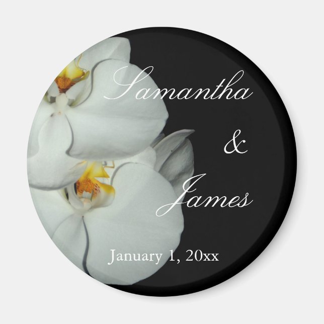Two White Orchids on Black Personal Wedding Magnet (Front)