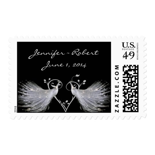 Two White Peacocks and Heart Monogram on Black Postage