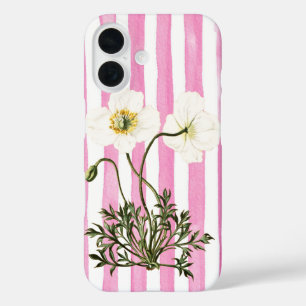 Two White Poppies on Faded Pink Denim Stripes iPhone 16 Case