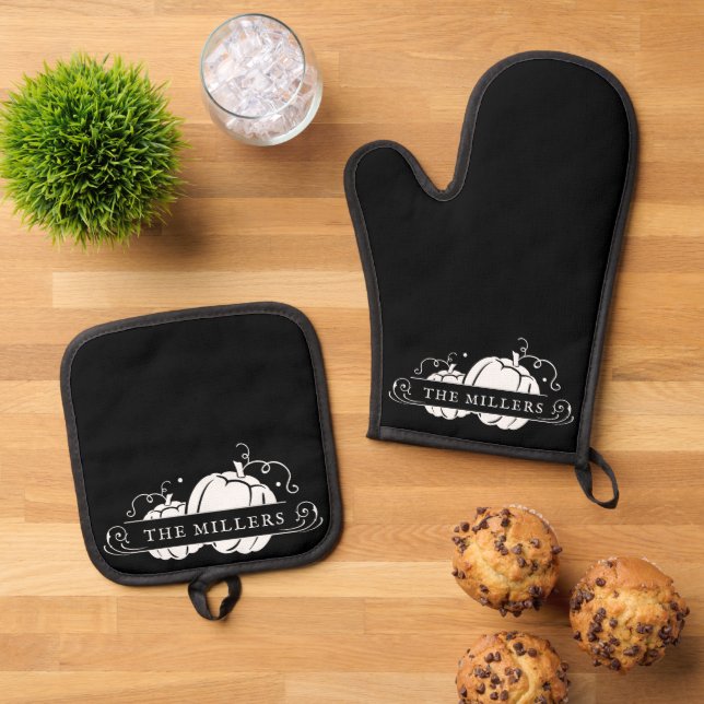 Two White Pumpkins Personalized Oven Mitt & Pot Holder Set (Top Down)