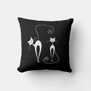 Two White Stylized Cats on Black Throw Pillow