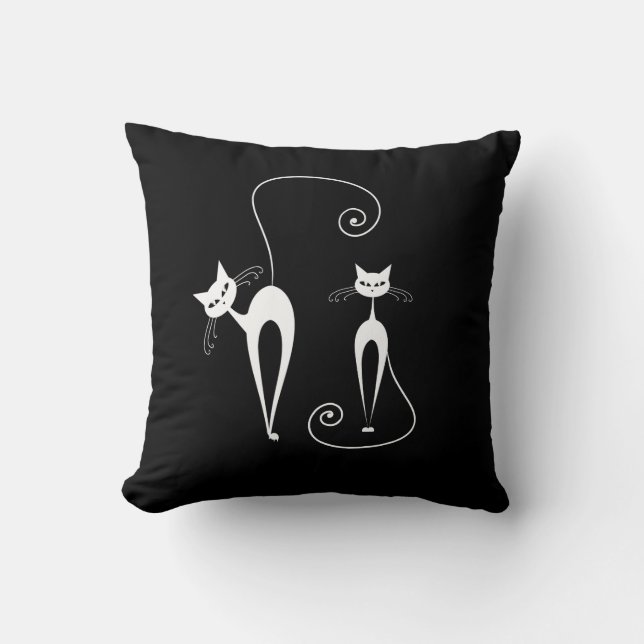 Two White Stylized Cats on Black Throw Pillow (Front)