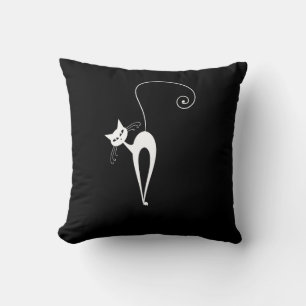 Two White Stylized Cats on Black Throw Pillow