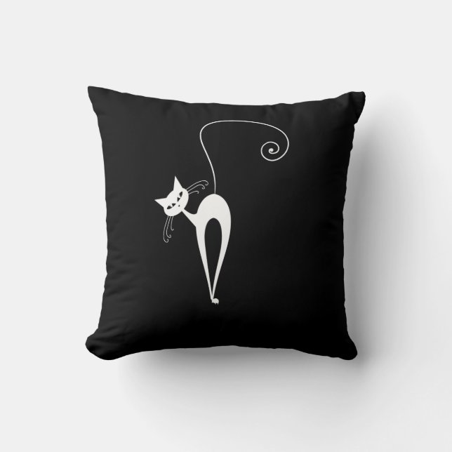 Two White Stylized Cats on Black Throw Pillow (Front)