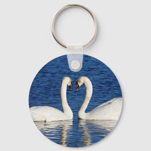 Two White Swans Form Heart Sign Keychain