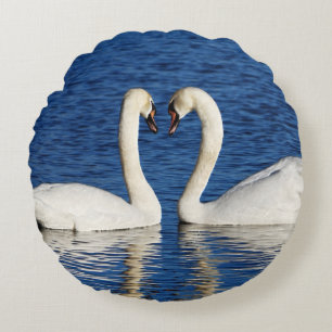 Two White Swans Form Heart Sign Round Pillow