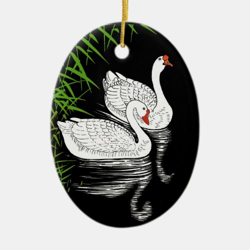 Two White Swans on a Pool _ Vintage Japanese  Ceramic Ornament