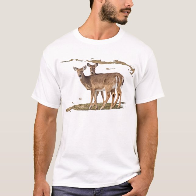 Two White-tailed Deer On Alert T-Shirt (Front)