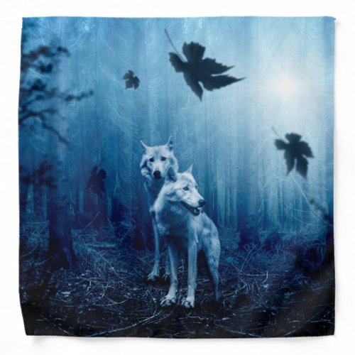 Two white wolves in the wild forest bandana