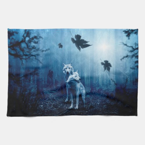 Two white wolves in the wild forest kitchen towel